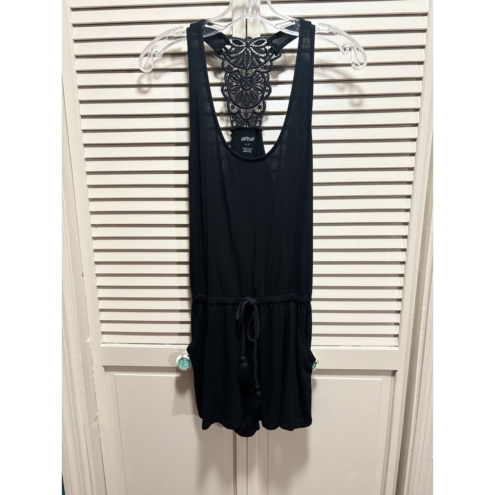 Aerie‎ Black Romper Straps Crochet Size S Elastic/Tie Waist Pockets Soft